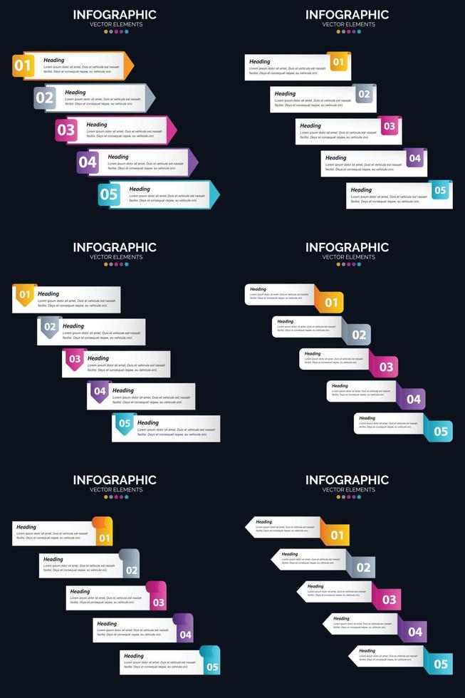 Vektor 6 Infografiken Pack Präsentationsfolie Vorlage 5 Schritte Zyklusdiagramme und Zeitleisten