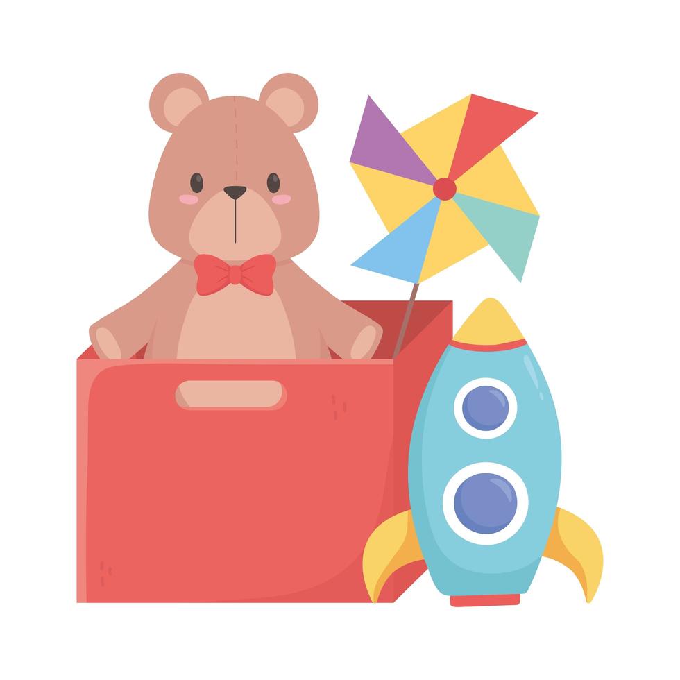 Kinderspielzeug mit Teddybär Windrad und Rakete isolierte Ikone Design weißen Hintergrund vektor