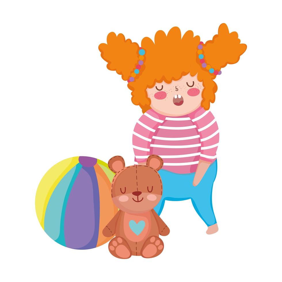 Spielzeug Objekt für kleine Kinder, um Cartoon zu spielen, kleines Mädchen mit Bär und Ball vektor