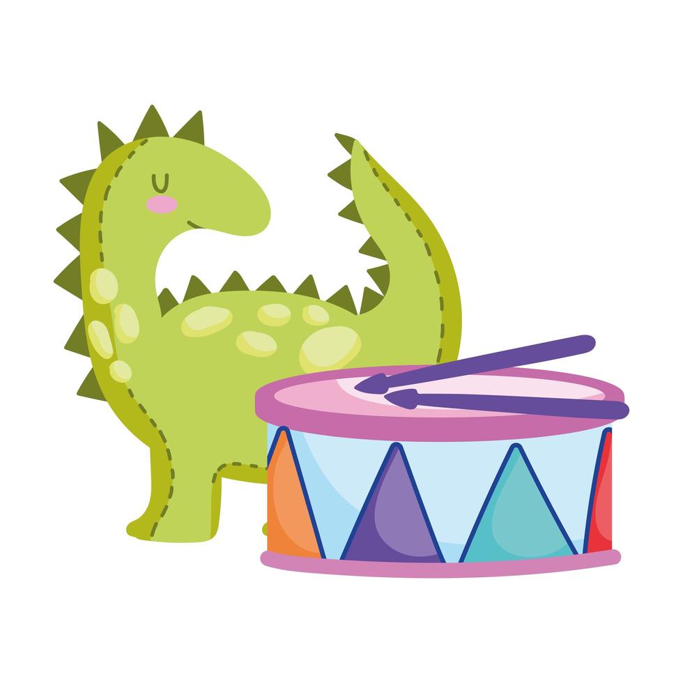 leksaker föremål för små barn att spela tecknad liten dinosaurie och trumma vektor