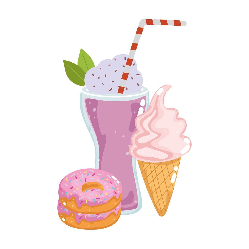 snabbmat meny restaurang ohälsosam milkshake glass och söta munkar vektor
