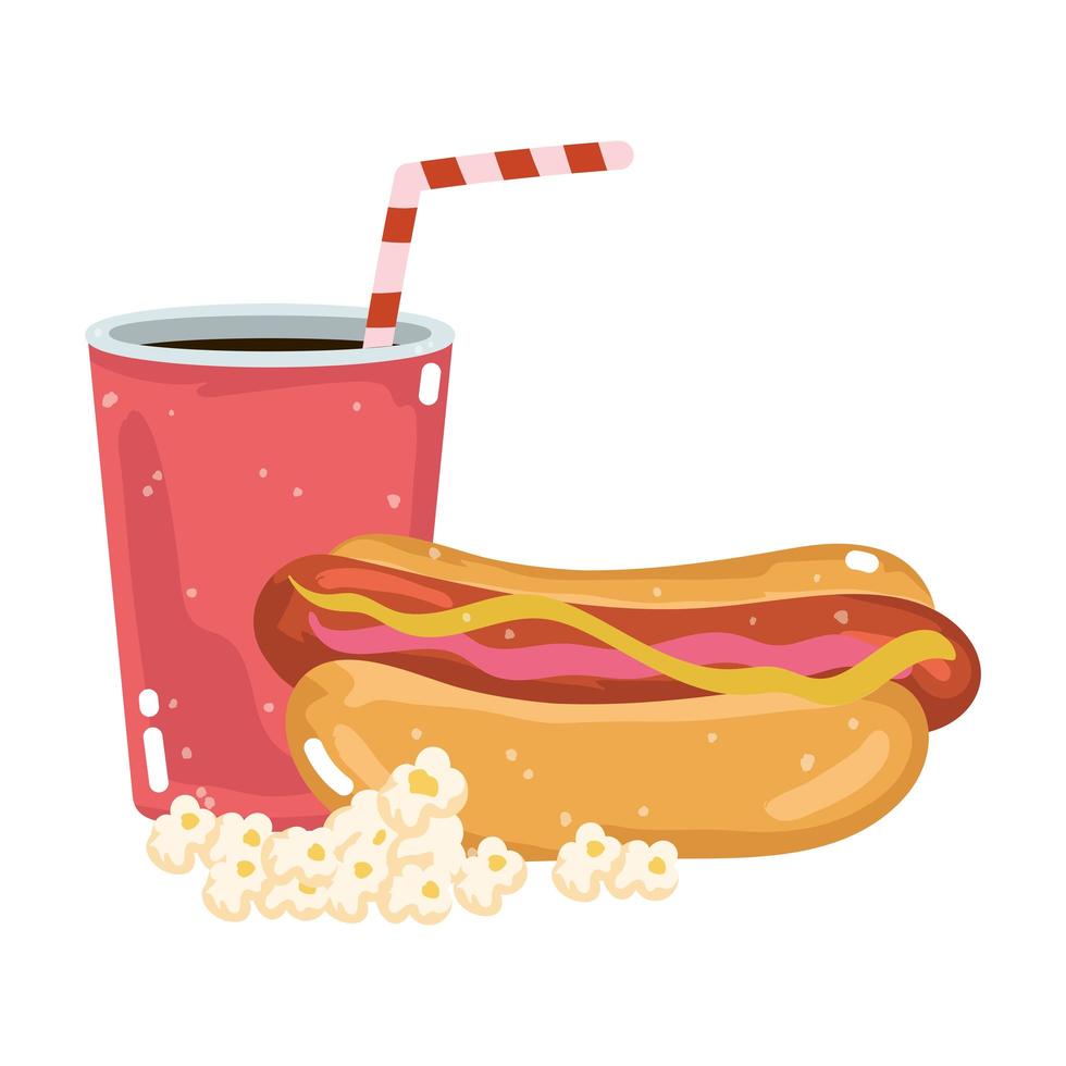 Fast-Food-Menü Restaurant ungesunde Hot Dog Soda und Popcorn vektor