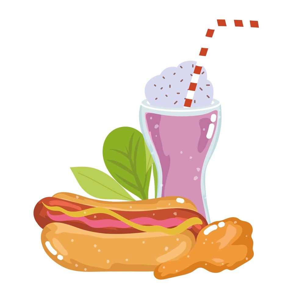 Fast Food Hot Dog Milchshake und Brathähnchen vektor