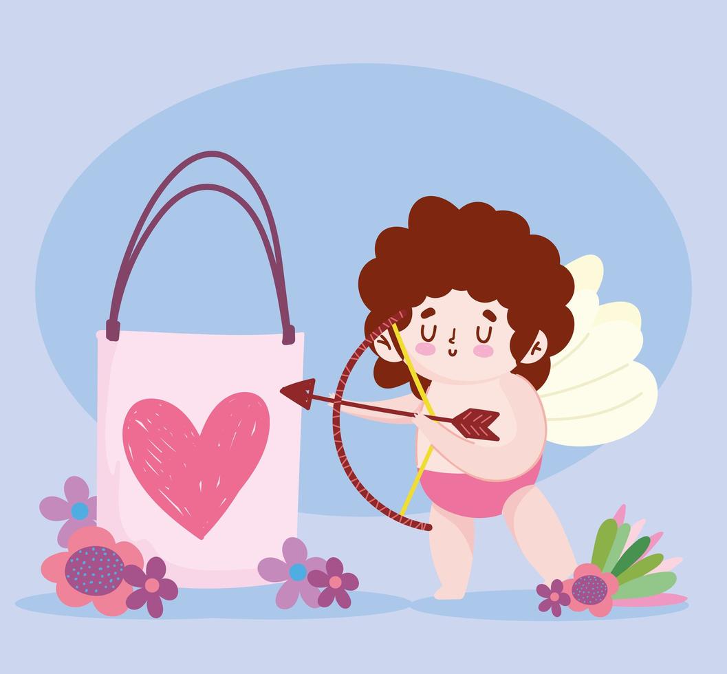 Liebe niedlichen Amor mit Geschenkpfeil und Bogen romantischen Blumen Cartoon vektor