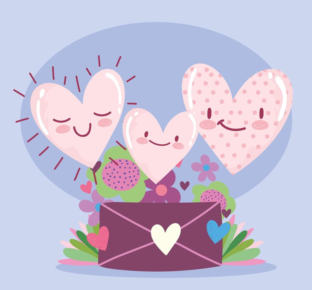 älskar romantiska hjärtan tecknad kuvert brev blommor blomdekoration vektor