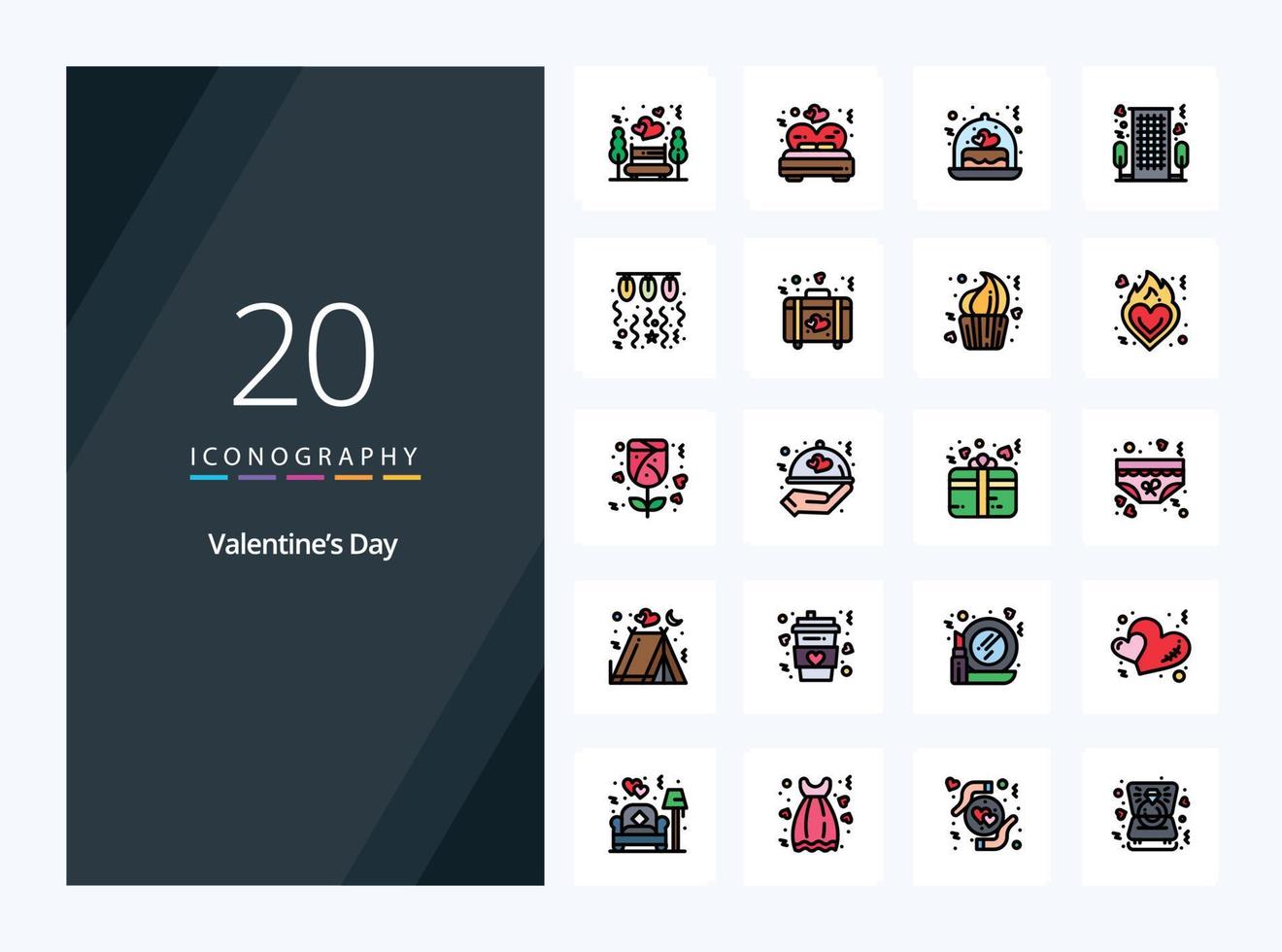 20 valentines dag linje fylld ikon för presentation vektor