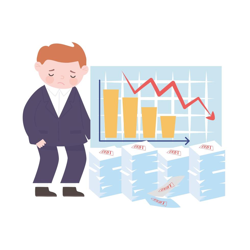 konkurs ledsen affärsman diagram finansiell pil ned och skuldpapper affärskris vektor