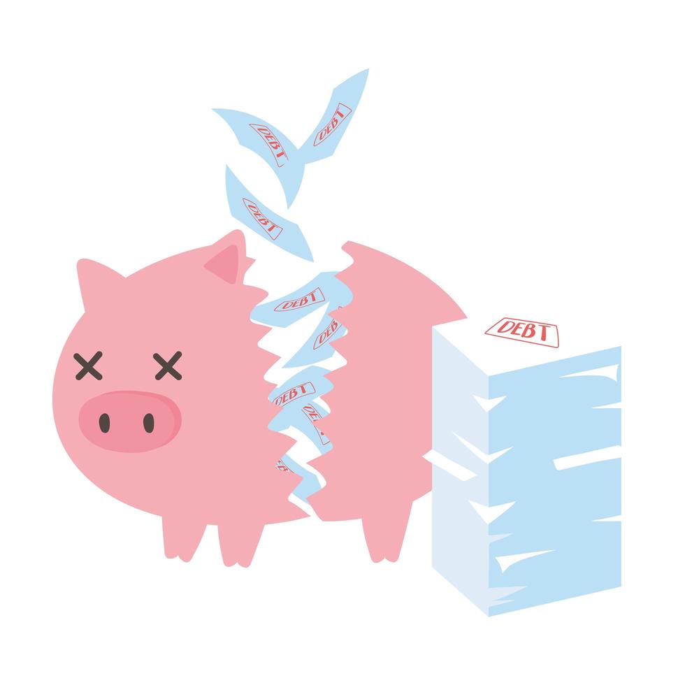 Konkurs gebrochen Sparschwein und Stapel von Schuldpapieren Geschäft Finanzkrise vektor