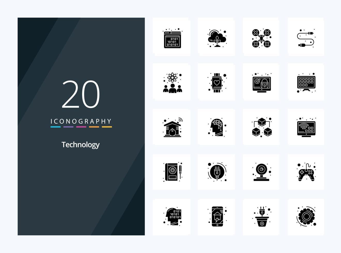 20 teknologi fast glyf ikon för presentation vektor