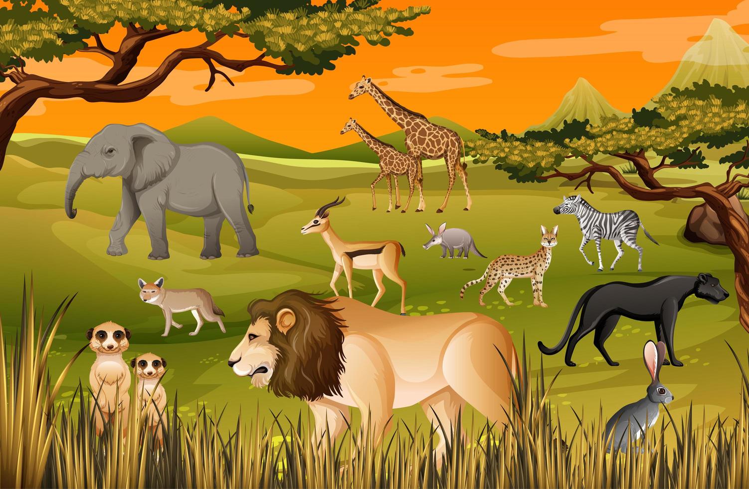 grupp av vilda afrikanska djur i skogen scen vektor
