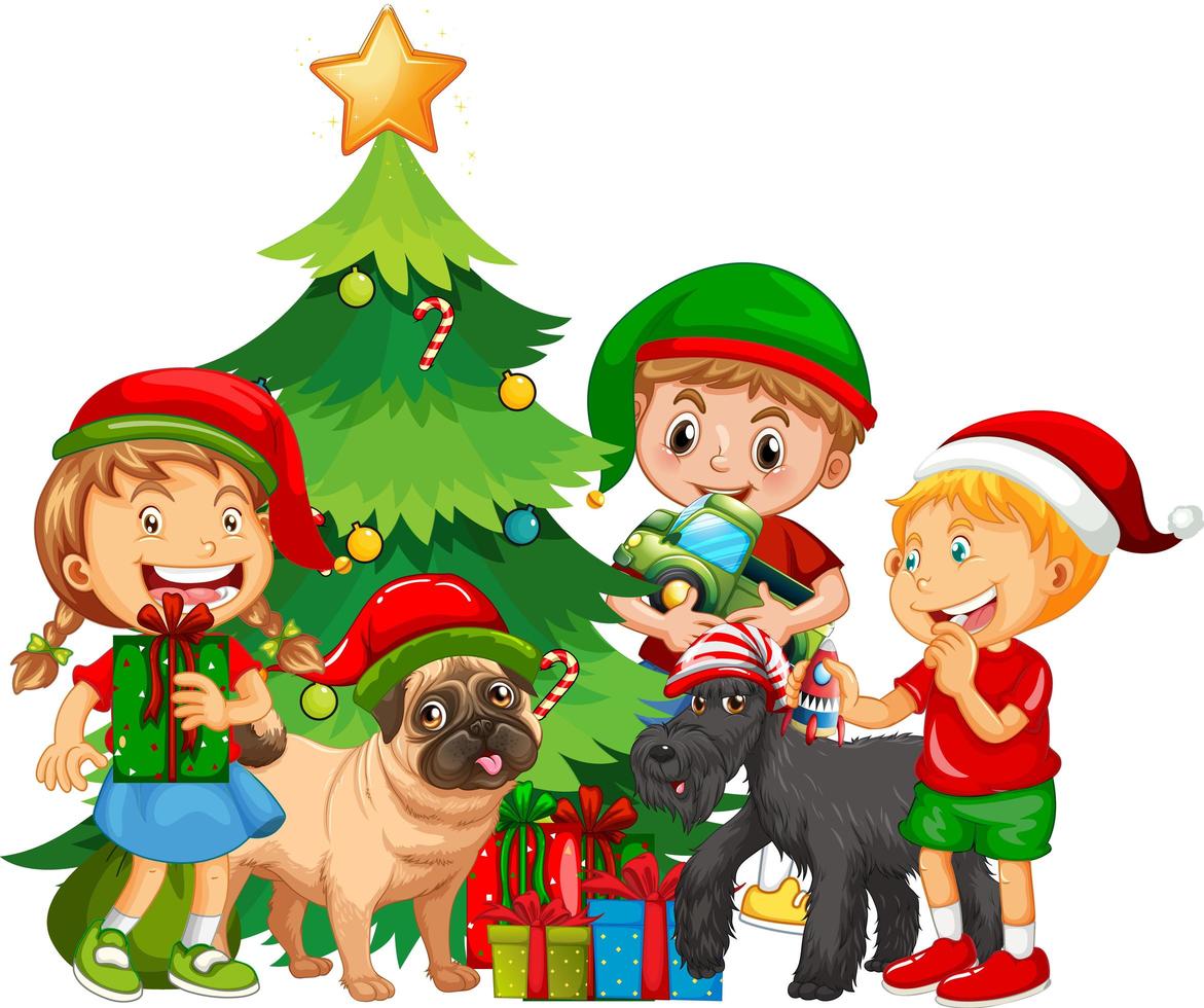 Gruppe von Kindern mit ihrem Hund, der Weihnachtskostüm auf weißem Hintergrund trägt vektor