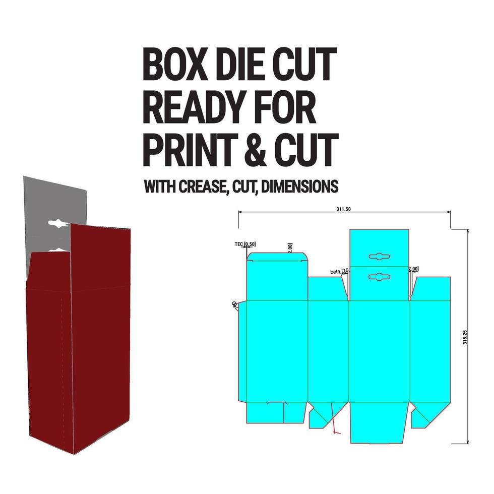 box-cut-kubmall med 3D-förhandsvisning organiserad med cut, veck, modell och dimensioner vektor