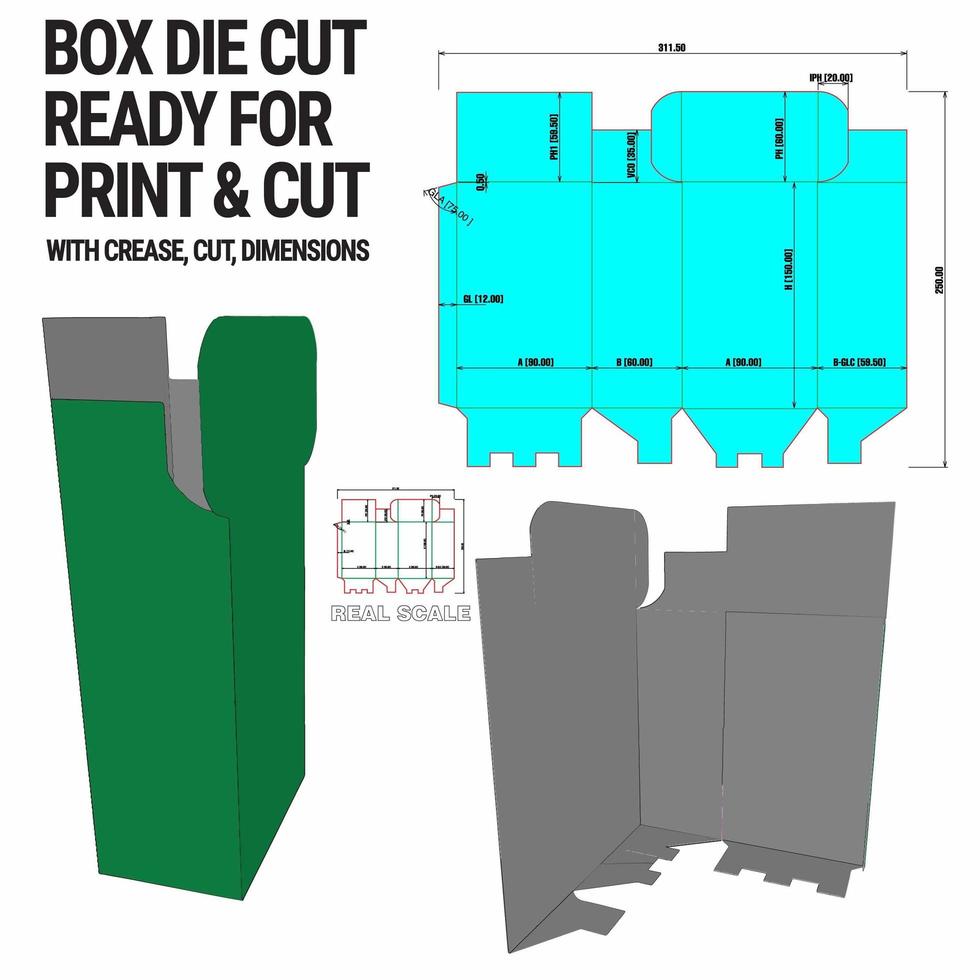 Box gestanzte Würfelvorlage mit 3D-Vorschau, organisiert mit Schnitt, Falte, Modell und Abmessungen vektor