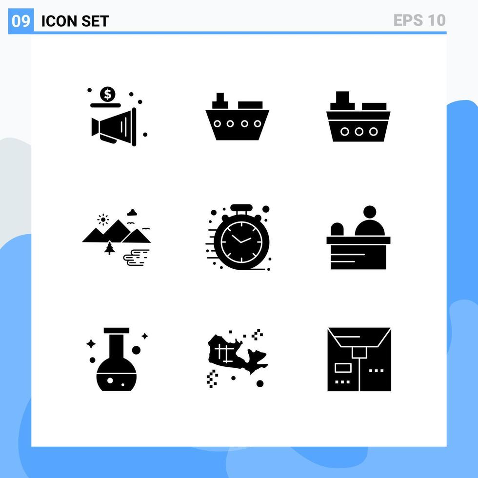 Mobile Schnittstelle solider Glyph-Satz von 9 Piktogrammen von Kassierer-Uhr-Bergen Business-Sonne editierbare Vektordesign-Elemente vektor