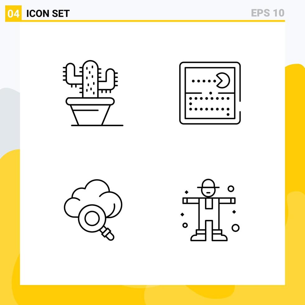 mobil gränssnitt linje uppsättning av 4 piktogram av kaktus teknologi konkurrens spela jordbruk redigerbar vektor design element