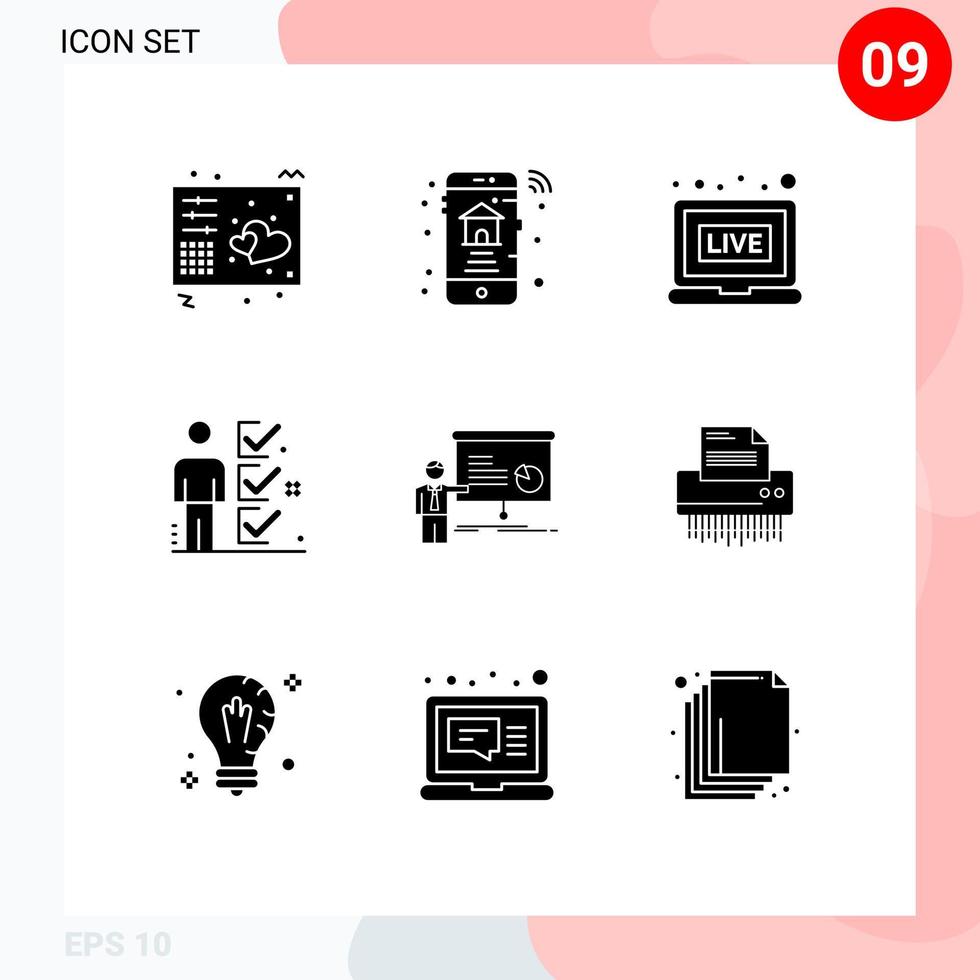 9 thematische Vektor-Solid-Glyphen und editierbare Symbole von Graph-Tick-Immobilien-Benutzer-Checkliste editierbare Vektor-Design-Elemente vektor