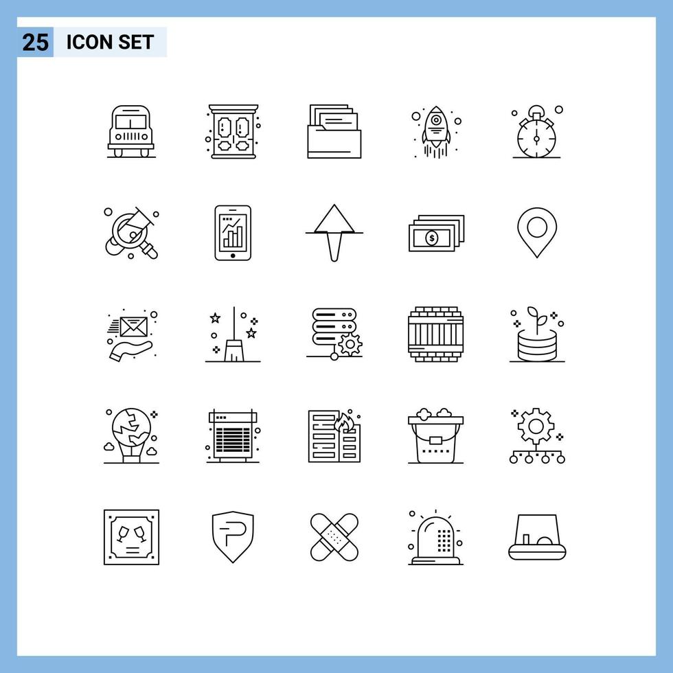 gruppe von 25 modernen linien, die für zeitvierteldateien eingestellt sind, stoppen sie editierbare vektordesignelemente des raumschiffs vektor
