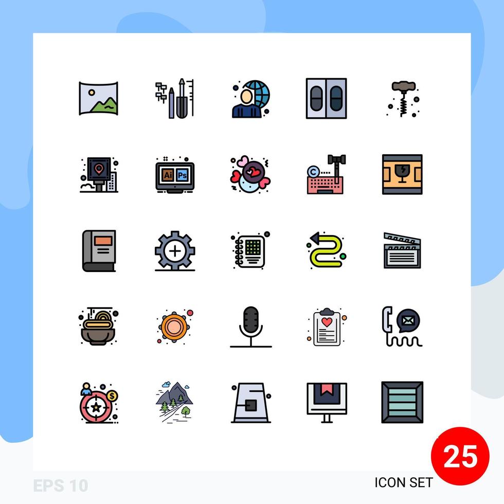 modern uppsättning av 25 fylld linje platt färger pictograph av hand borra medicinsk användare piller värld redigerbar vektor design element