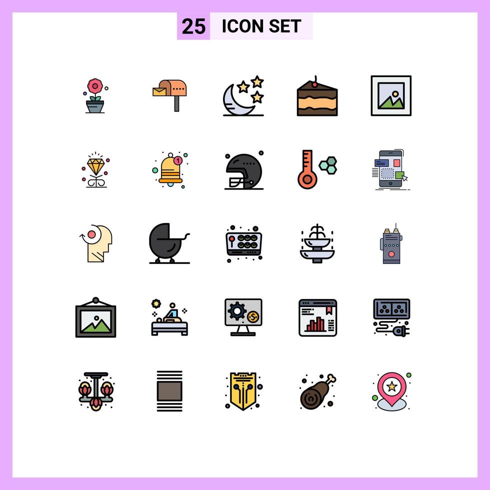 redigerbar vektor linje packa av 25 enkel fylld linje platt färger av diamant layout måne bild äta redigerbar vektor design element