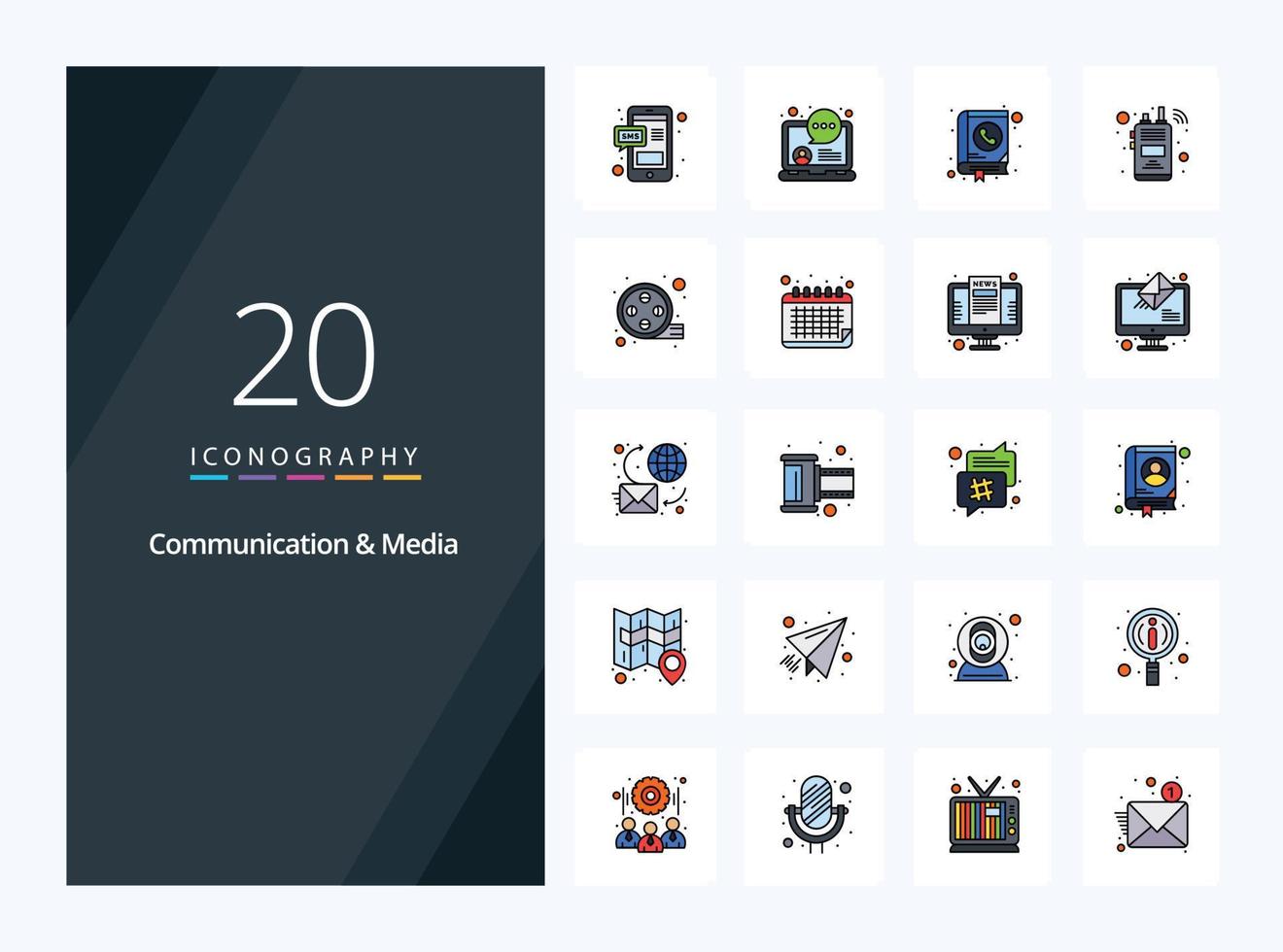 20 kommunikation och media linje fylld ikon för presentation vektor