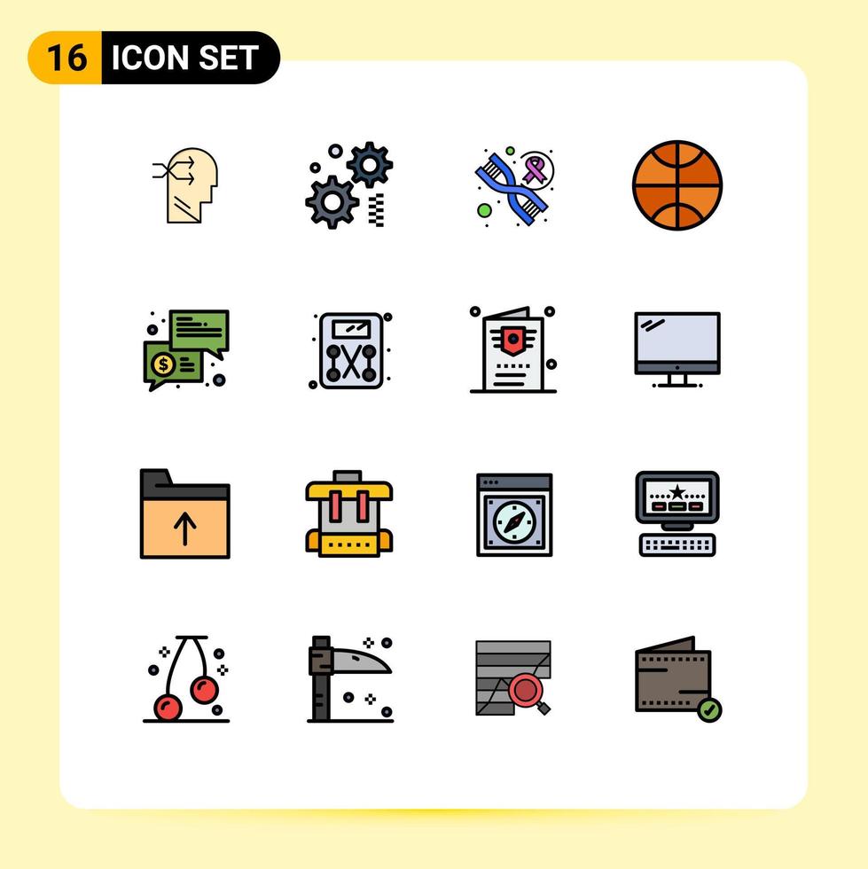 flache, farbgefüllte Linienpackung mit 16 universellen Symbolen für Ernährungsbotschaften Genetik Keynote-Handel editierbare kreative Vektordesign-Elemente vektor