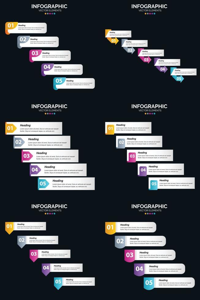 Vektor 6 Infografiken Pack Präsentationsfolie Vorlage 5 Schritte Zyklusdiagramme und Zeitleisten