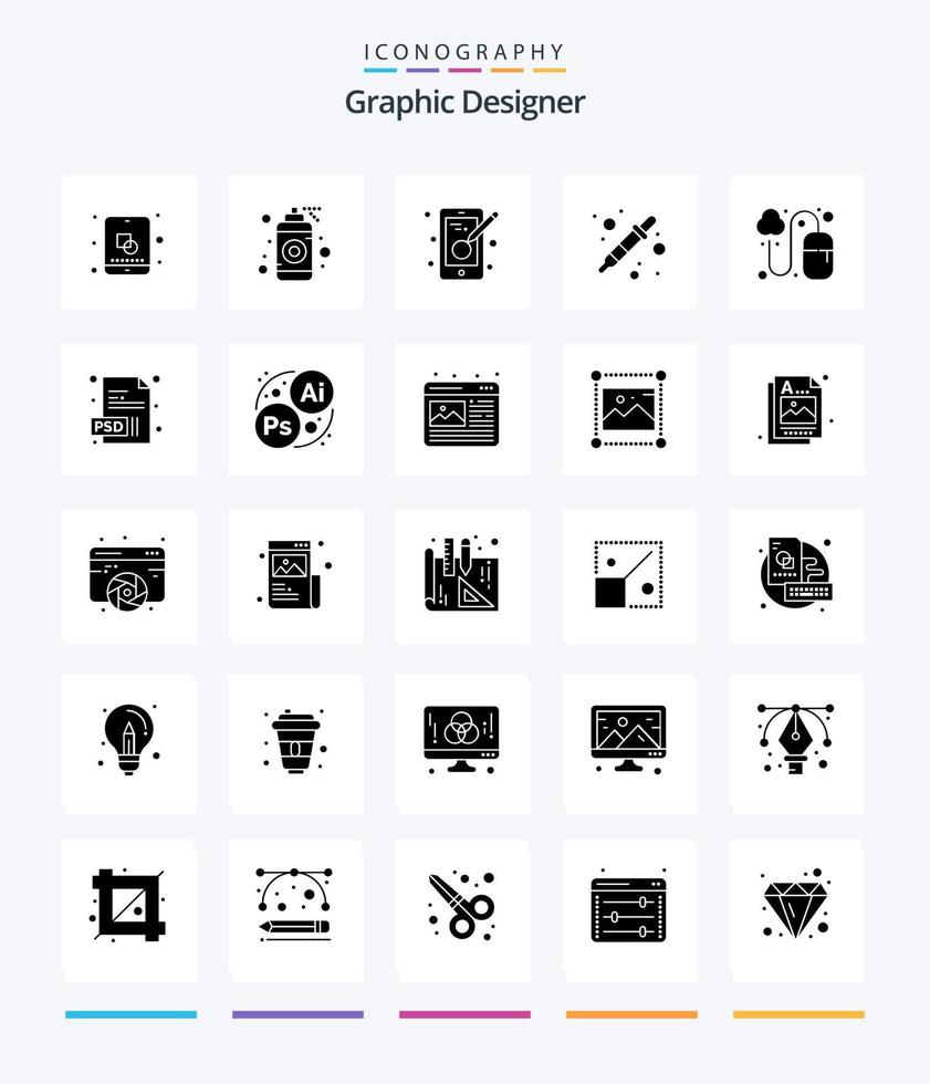 kreativ grafisk designer 25 glyf fast svart ikon packa sådan som design. likvidator. kreativitet. droppare. Färg plockare vektor