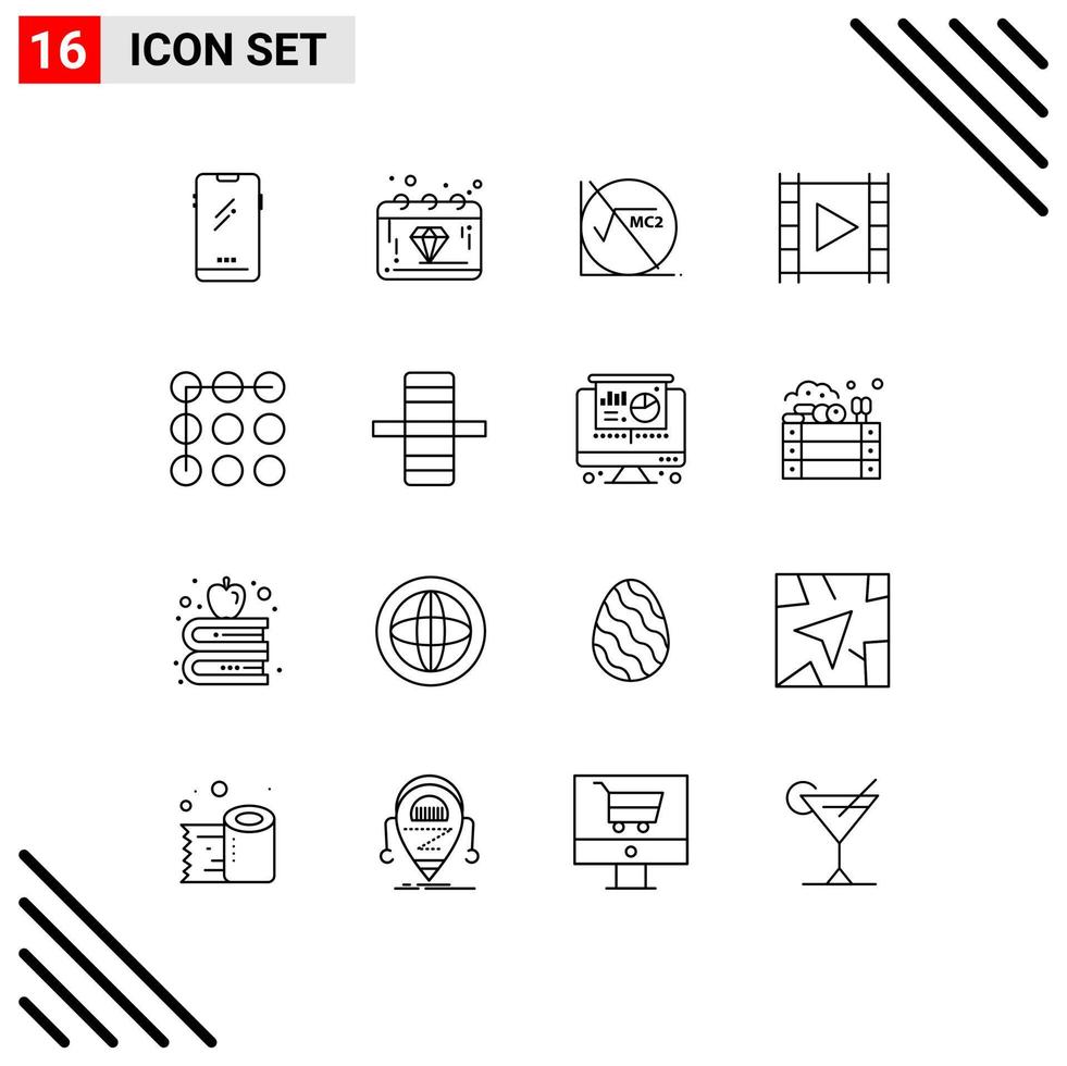 Stock Vector Icon Pack mit 16 Zeilen Zeichen und Symbolen für Player Media Player Gem Media Math Formel editierbare Vektordesign-Elemente