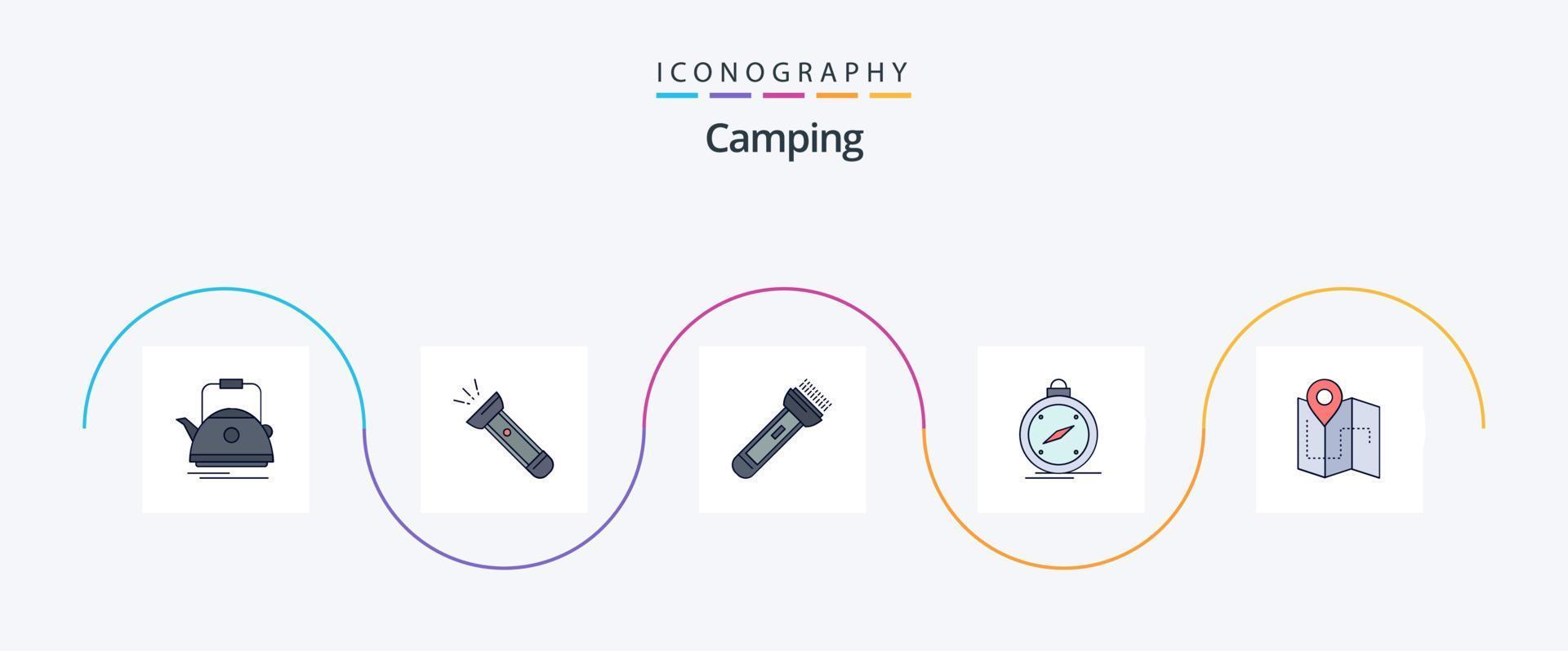 camping linje fylld platt 5 ikon packa Inklusive planen. Karta. camping. plats. navigering vektor