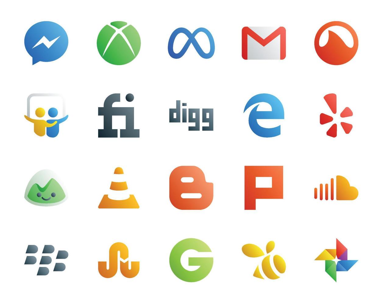 20 Social Media Icon Pack inklusive Blogger Media Slideshare vlc Yelp vektor