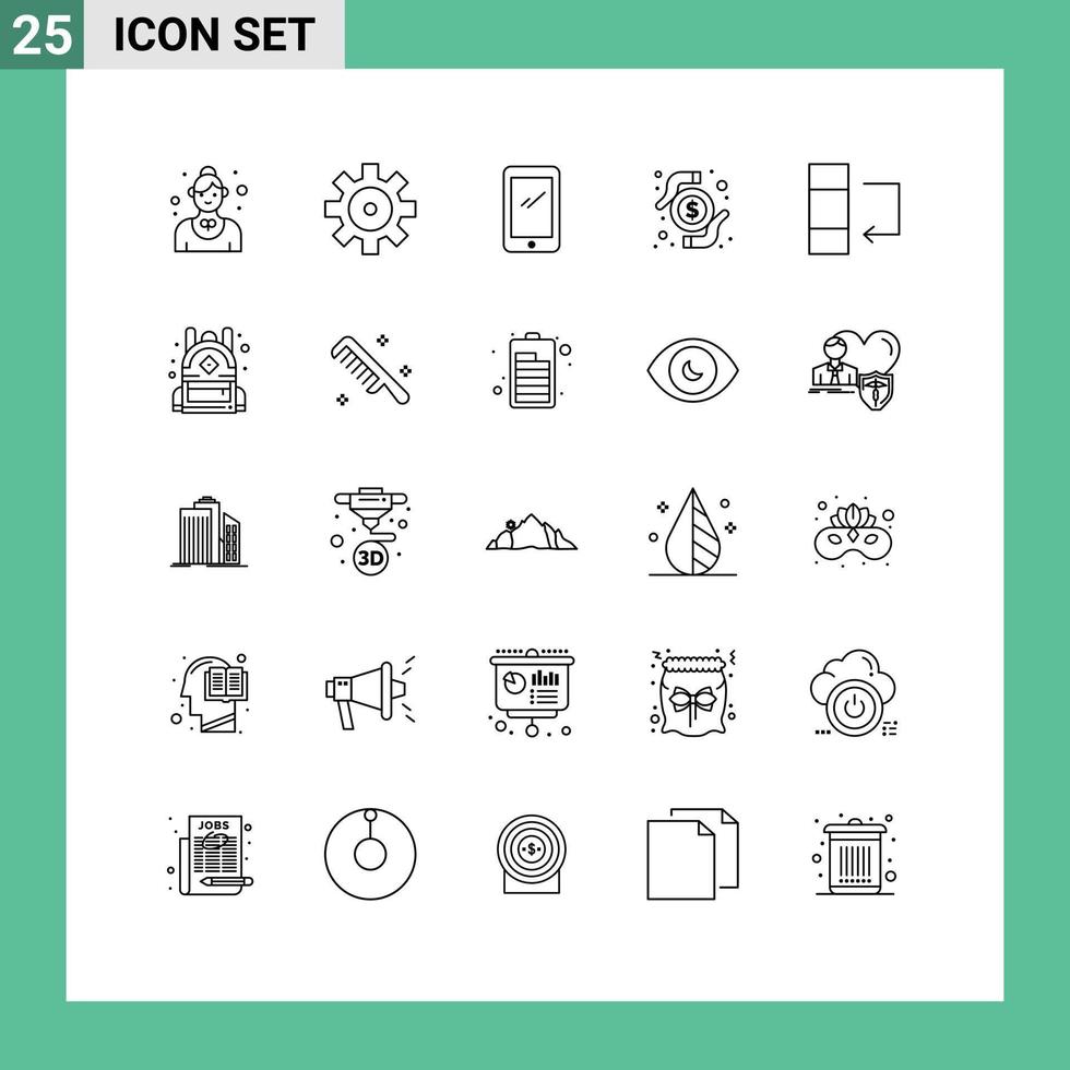 mobile schnittstellenlinie satz von 25 piktogrammen von spaltentransaktionstelefongeld iphone editierbare vektordesignelemente vektor
