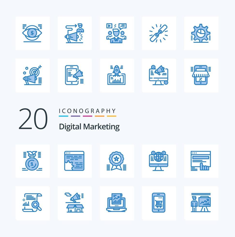 20 digital marknadsföring blå Färg ikon packa tycka om dator hemsida miljö band bricka vektor
