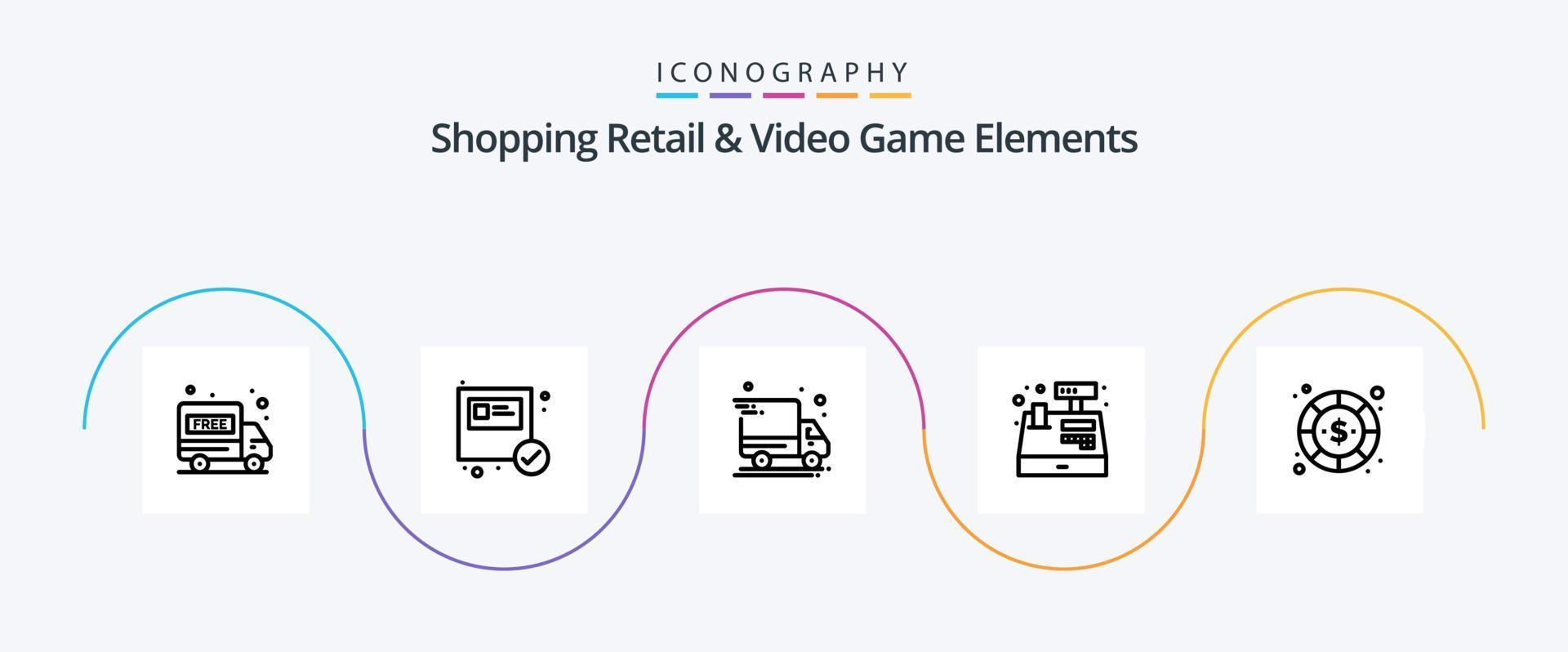 shoping detaljhandeln och video spel element linje 5 ikon packa Inklusive pengar. valuta. leverans skåpbil. mynt. Registrera vektor