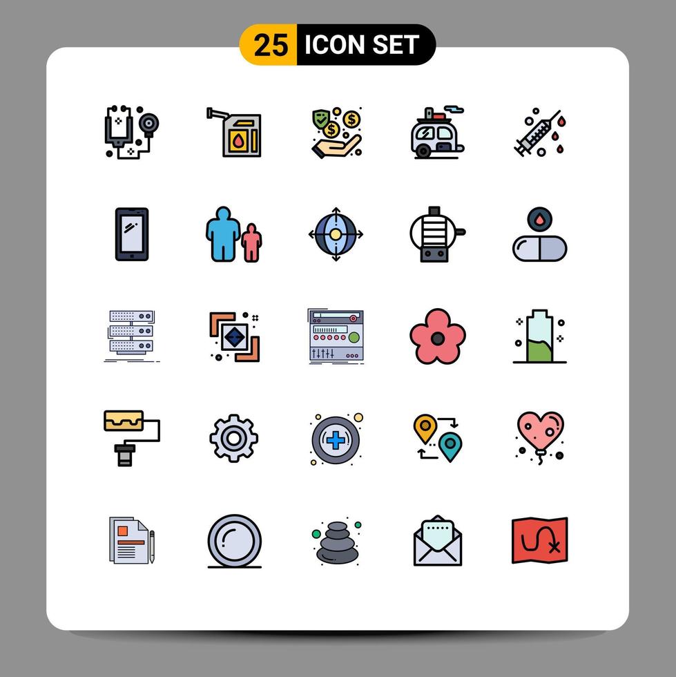 Packung mit 25 modernen, gefüllten, flachen Farbzeichen und Symbolen für Web-Printmedien, wie z vektor