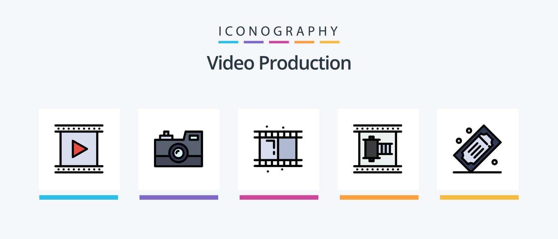 video produktion linje fylld 5 ikon packa Inklusive fantasi. syn. tejp rulle. film remsa. filmremsa. kreativ ikoner design vektor