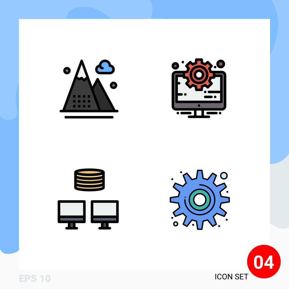universelle Symbolsymbole Gruppe von 4 modernen gefüllten flachen Farben von Aktivitäten Backup-Berge Computersynchronisierung editierbare Vektordesign-Elemente vektor