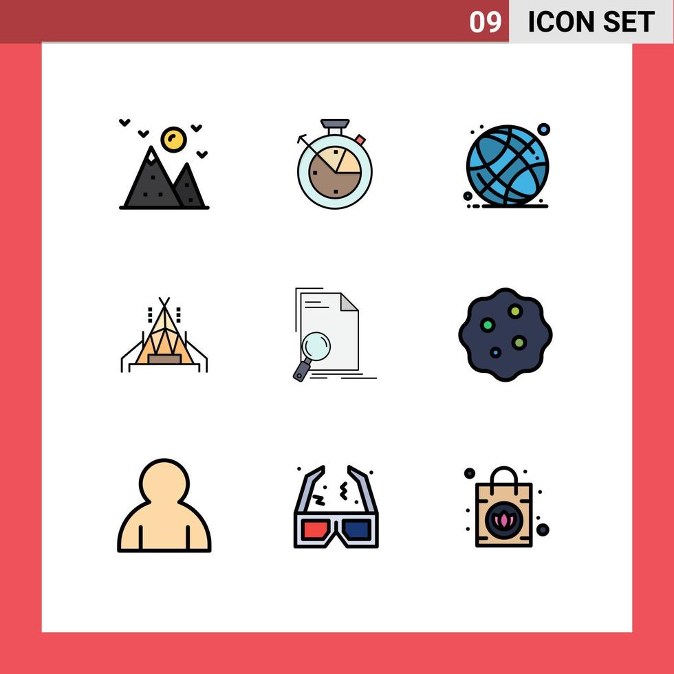 9 kreativ ikoner modern tecken och symboler av fil analys värld klot camping läger redigerbar vektor design element