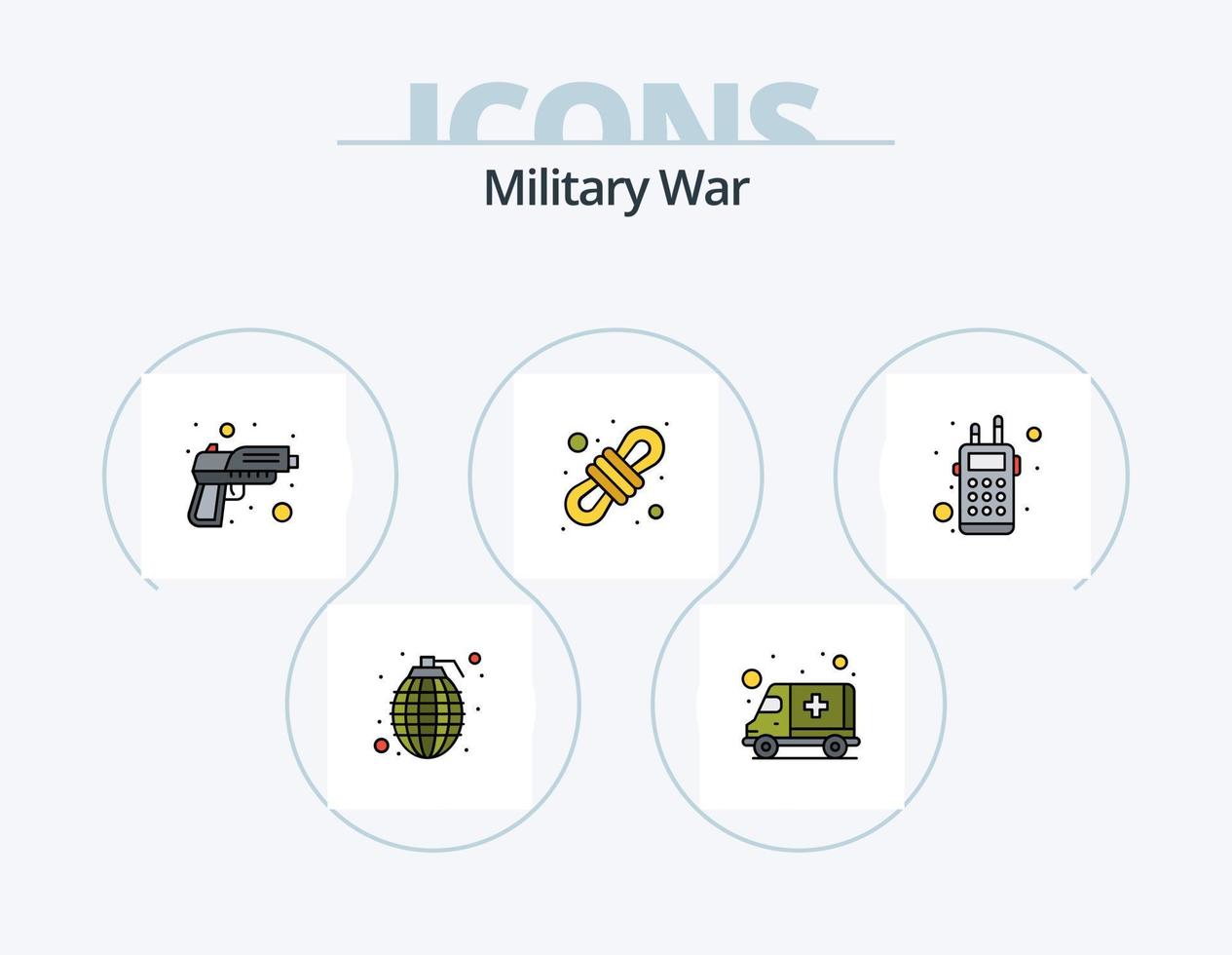 militärische Kriegslinie gefüllt Icon Pack 5 Icon Design. Waffe. Waffen. Arm. schießen. Kugeln vektor