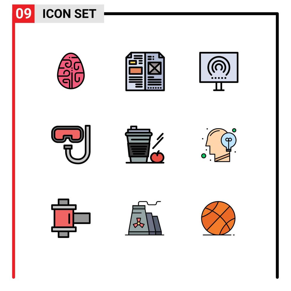 9 universelle Filledline-Flachfarben für Web- und mobile Anwendungen eingestellt Schnorcheln Strandlayout Stream Radio editierbare Vektordesign-Elemente vektor