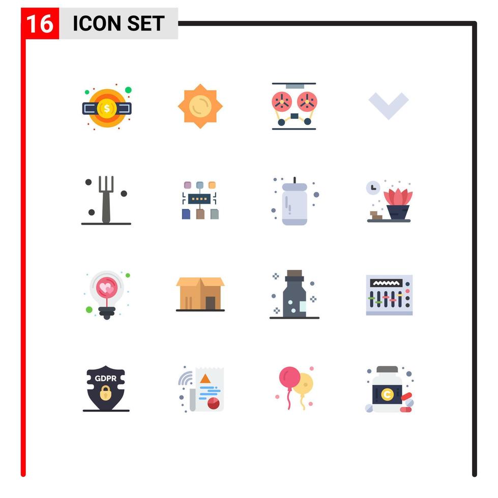 Gruppe von 16 flachen Farben Zeichen und Symbolen für Geschirr Gabel Spieler zurück Pfeil editierbares Paket kreativer Vektordesign-Elemente vektor