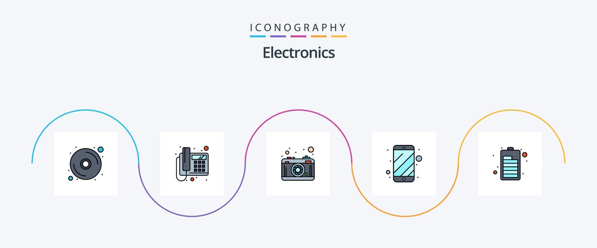 Elektronikleitung gefülltes flaches 5-Icon-Pack einschließlich Elektro. Batterie. Fotografie. elektronisch. Handy, Mobiltelefon vektor