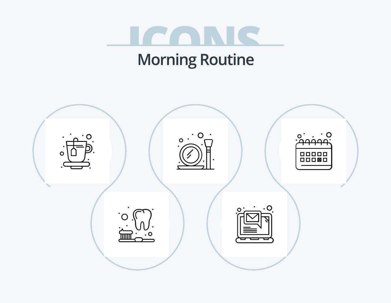 Morgenroutine Linie Icon Pack 5 Icon Design. braten. Frühstück. Büro. Spiegel. Waschbecken vektor