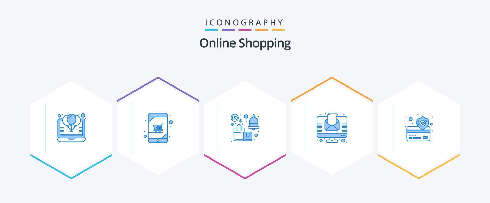 Online-Shopping 25 blaue Icon Pack inklusive News. Einkaufen. online Shop. Ersparnisse. Benachrichtigung vektor