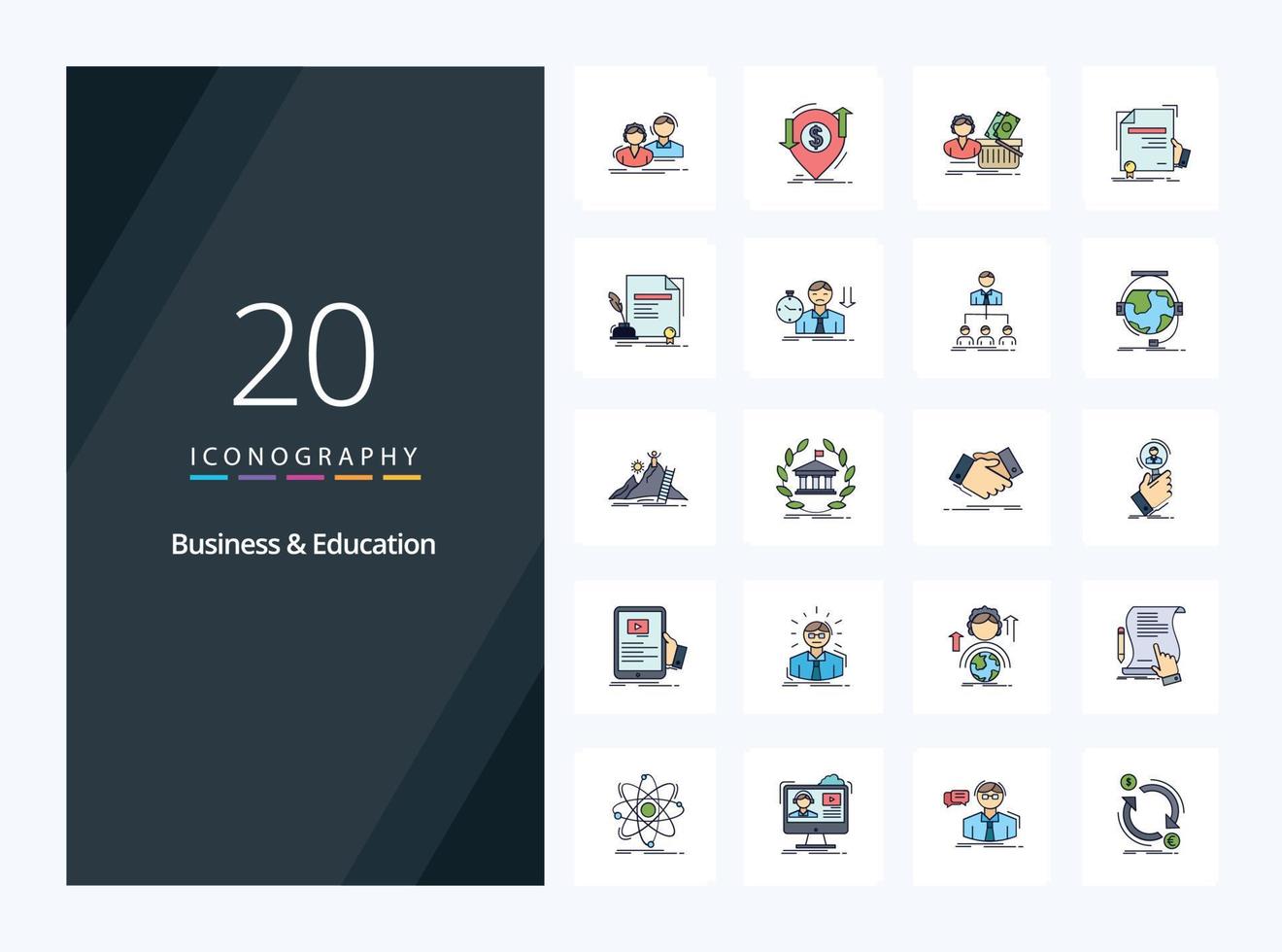 20 företag och utbildning linje fylld ikon för presentation vektor