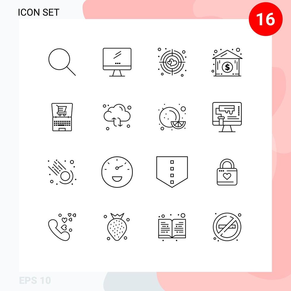Satz von 16 kommerziellen Umrissen für den Einkauf von Laptop-Ziel-Online-Haus-editierbaren Vektordesign-Elementen vektor