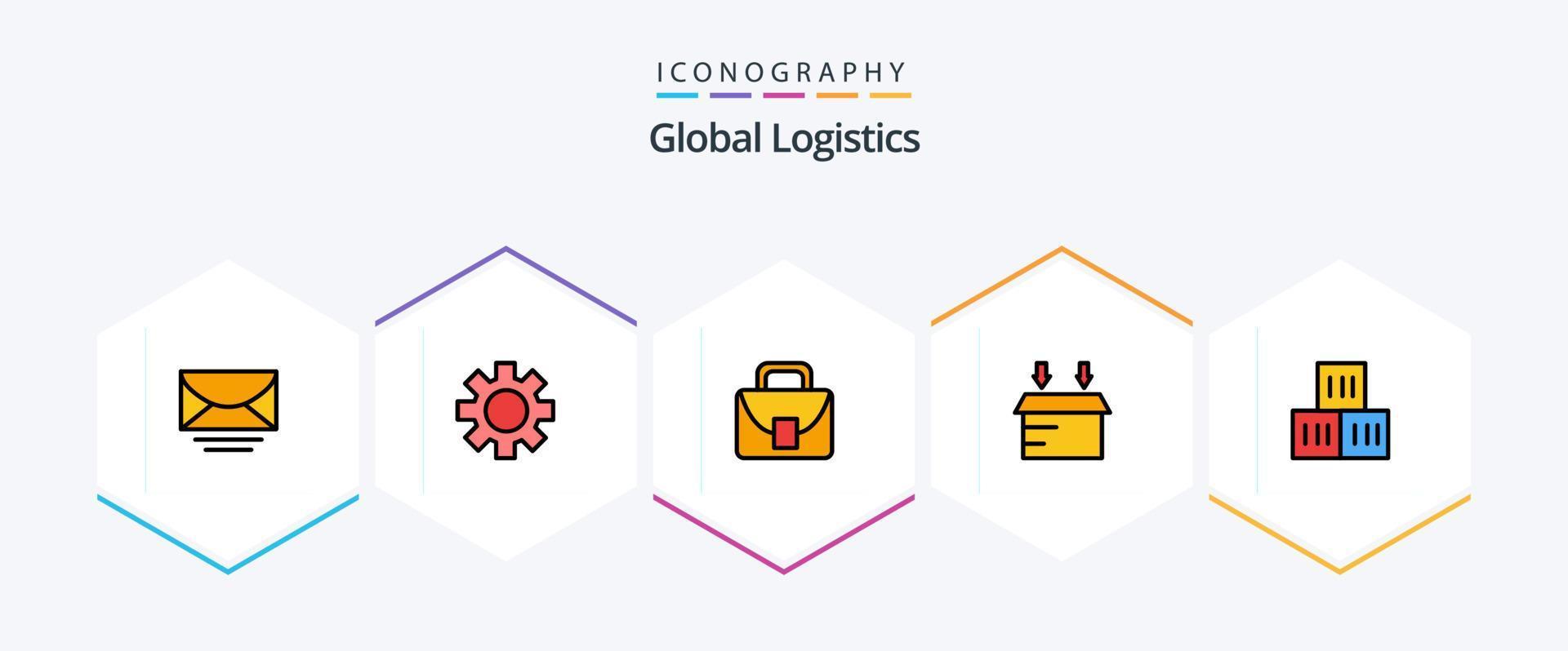 Global Logistics 25 gefülltes Icon Pack inklusive Logistik. Kasten. Tasche. offen. Kasten vektor