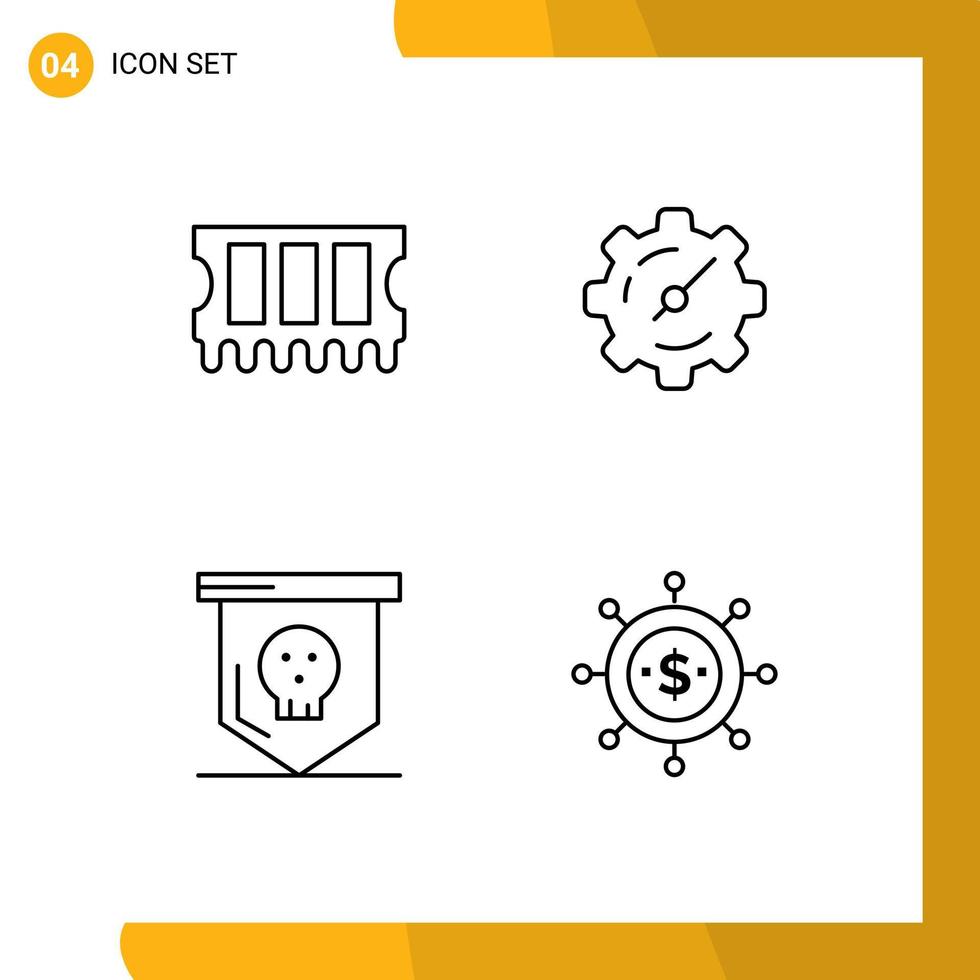 4 thematische Vektor-Fülllinien-Flachfarben und bearbeitbare Symbole für bearbeitbare Vektordesign-Elemente der Hardware-Schädelzahnradplatine vektor