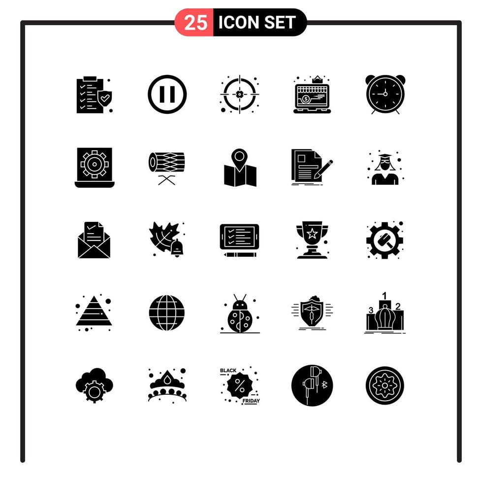 25 universelle solide Glyphen, die für Web- und mobile Anwendungen eingestellt sind. Uhrzeit Ziel Stoppuhr Laptop editierbare Vektordesign-Elemente vektor