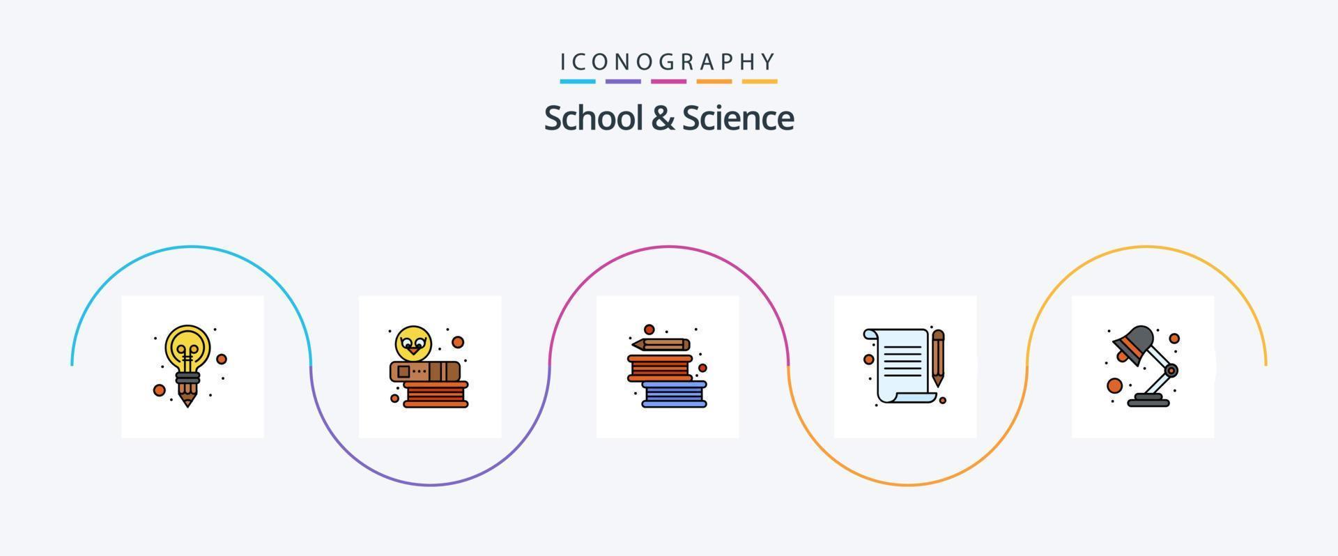 Schul- und Wissenschaftslinie gefülltes flaches 5-Icon-Paket einschließlich Licht. Bücher. Schreiben. dokumentieren vektor