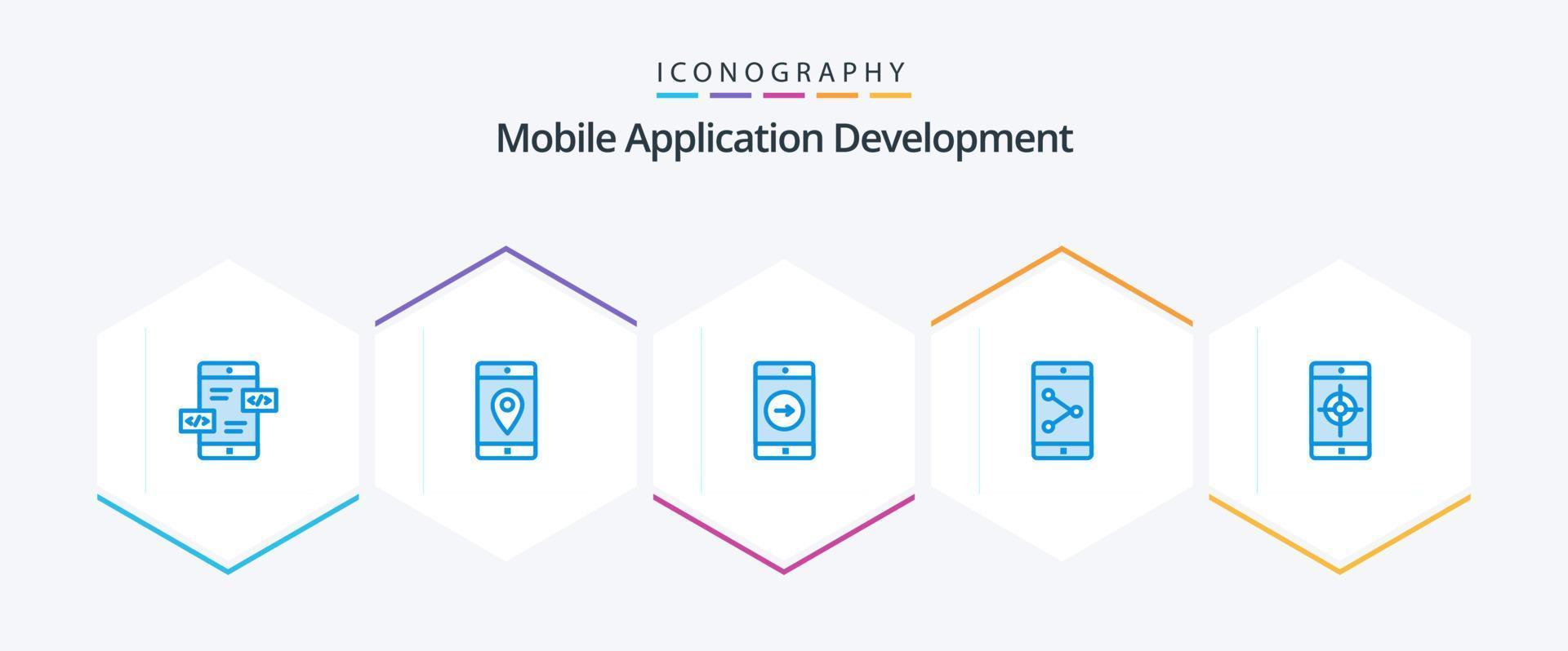 Entwicklung mobiler Anwendungen 25 blaues Symbolpaket einschließlich Mobiltelefon. mobile Applikation. Karte. Handy, Mobiltelefon. mobile Applikation vektor